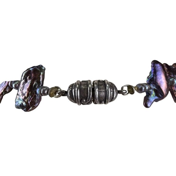 Vintage Freshwater Iridescent Black Pearl Necklace Silver Tone Spacer Beads Magn - Picture 3 of 4